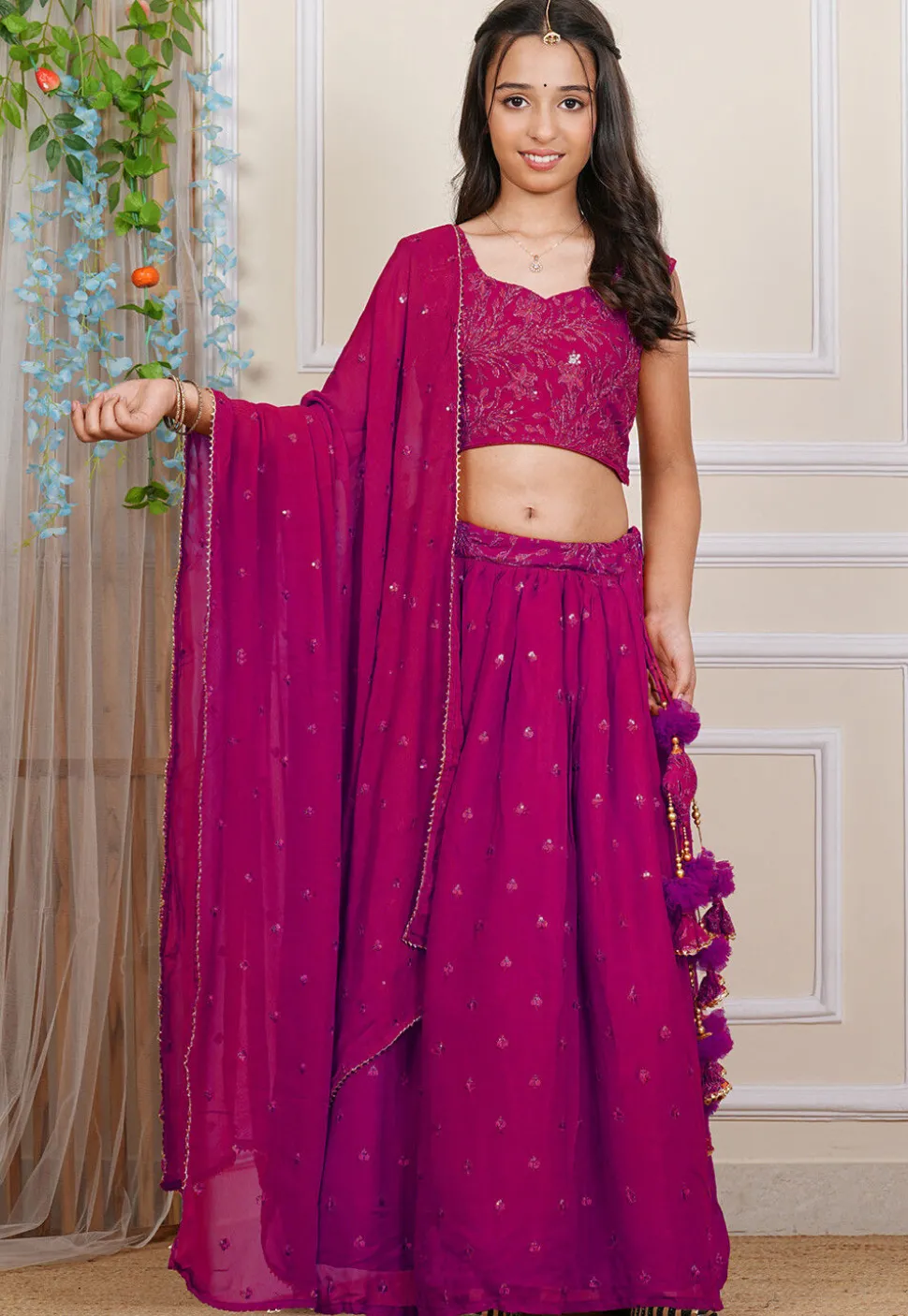 Embroidered Georgette Lehenga in Fuchsia