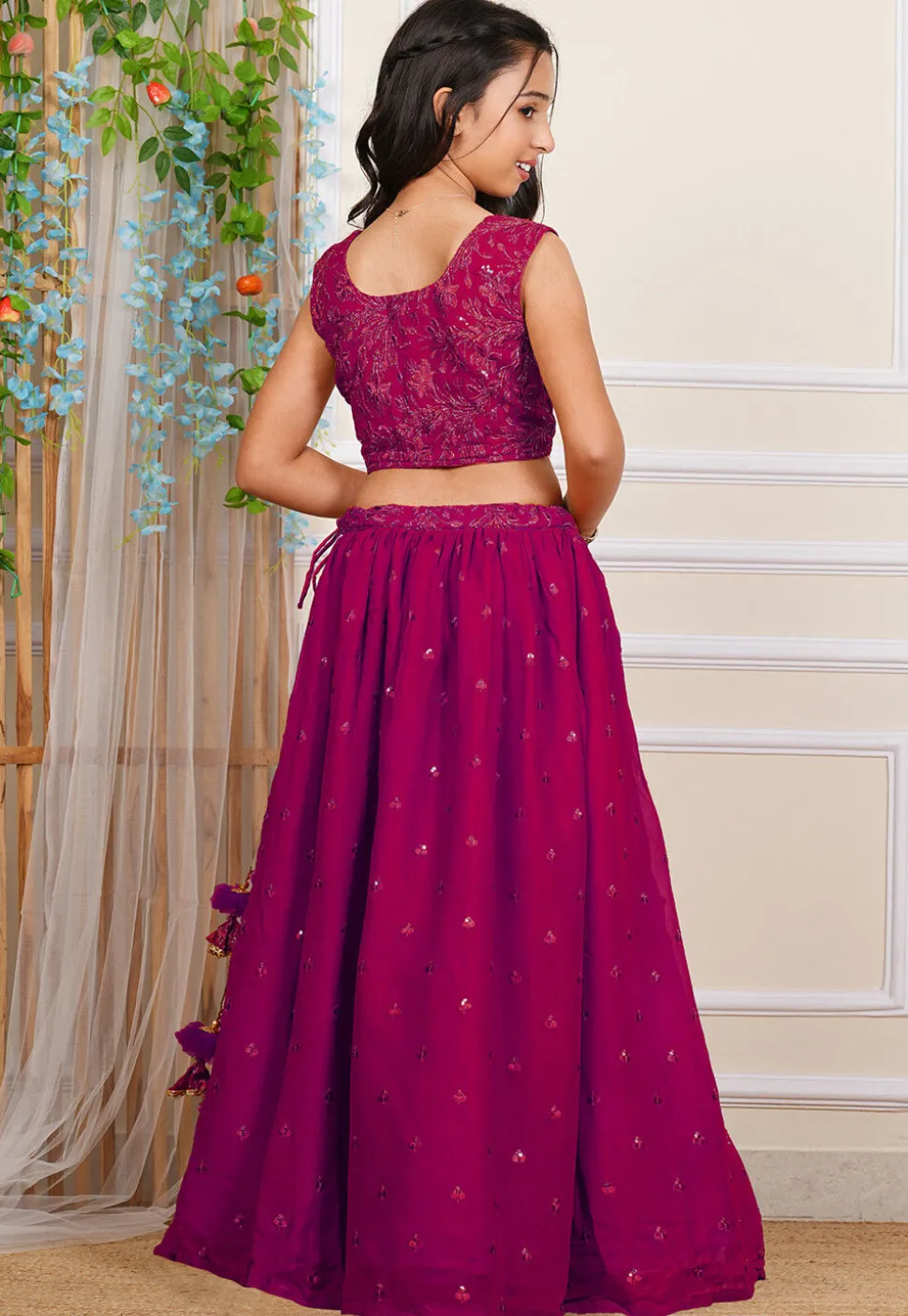 Embroidered Georgette Lehenga in Fuchsia