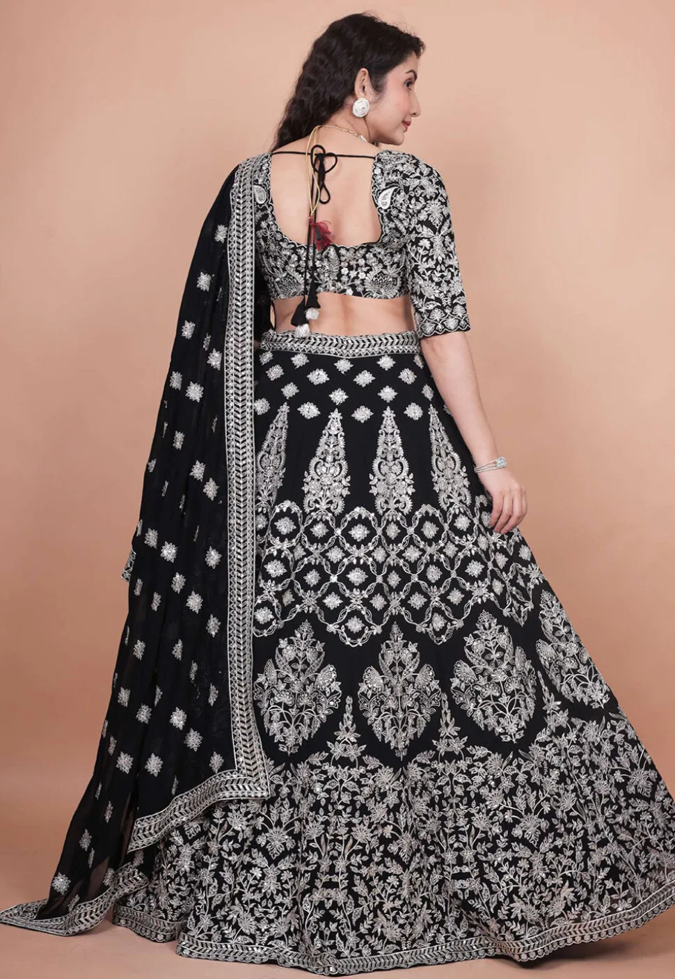 Embroidered Georgette Lehenga in Black