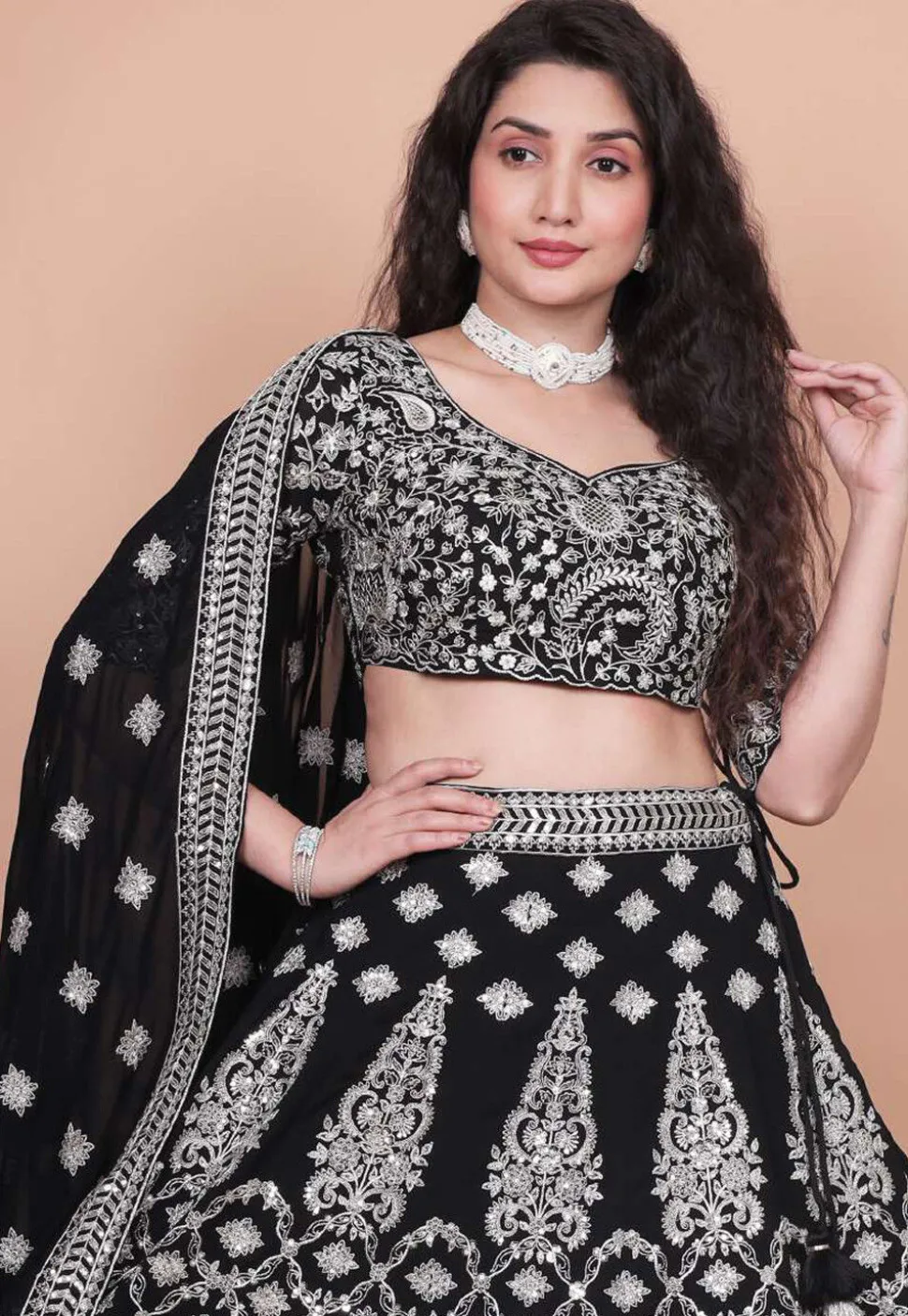 Embroidered Georgette Lehenga in Black