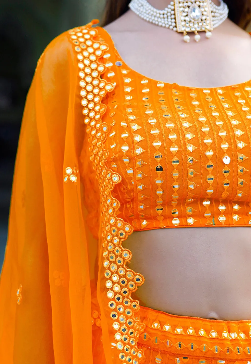 Embroidered Georgette Lehenga in Orange