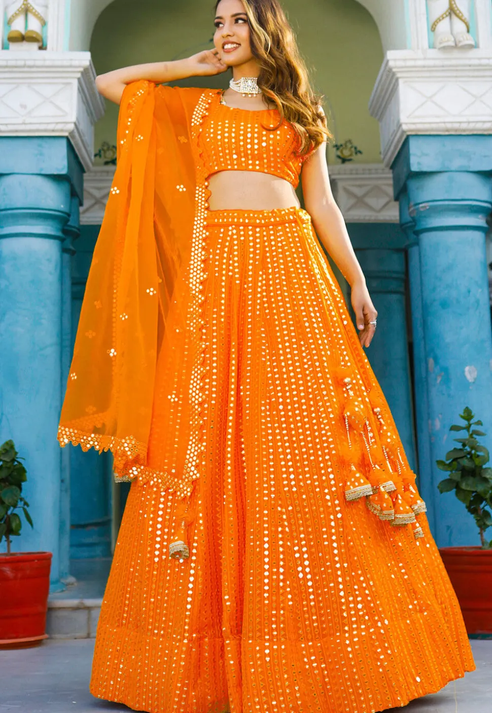 Embroidered Georgette Lehenga in Orange