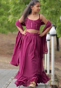 Embroidered Georgette Lehenga in Wine