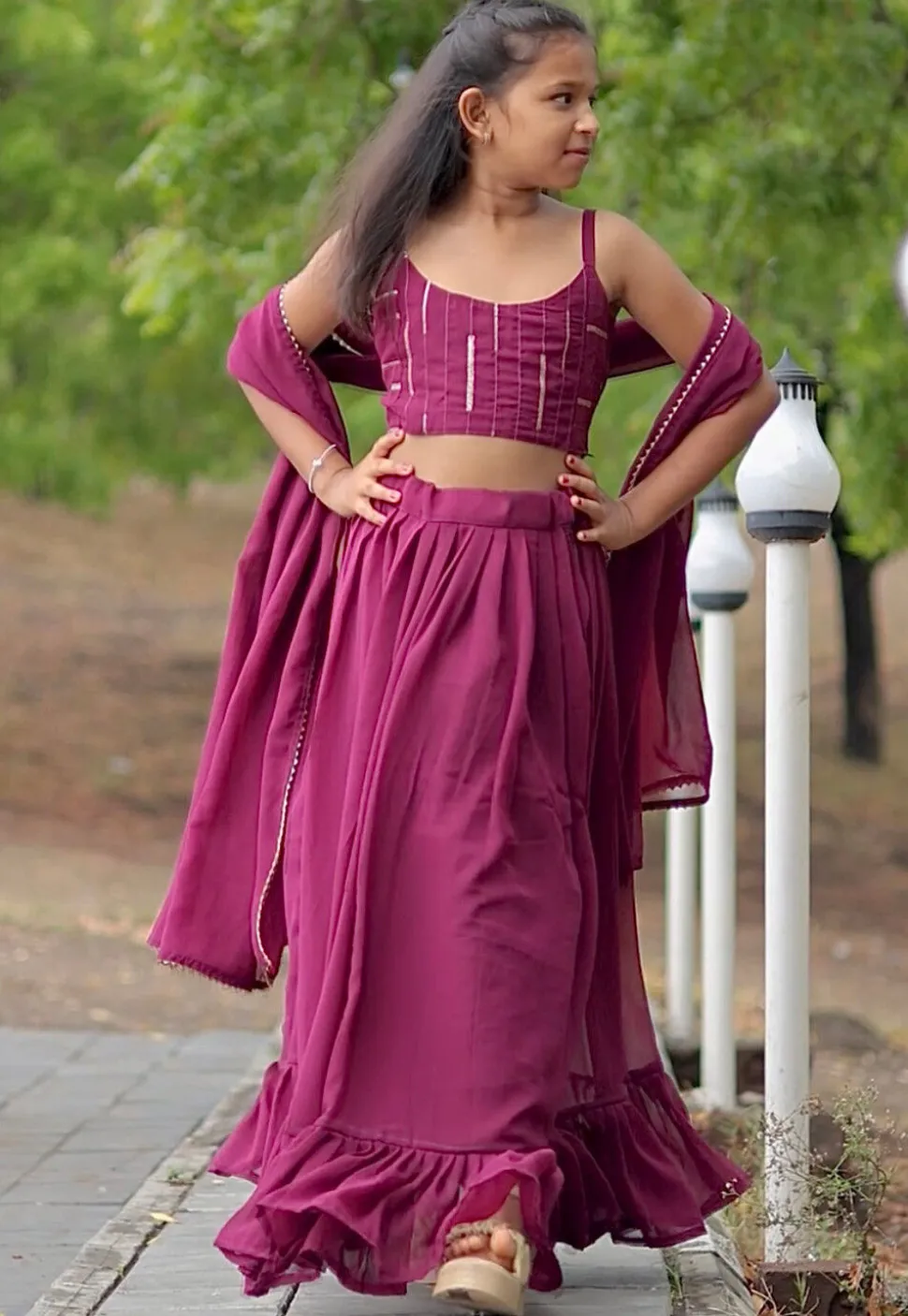 Embroidered Georgette Lehenga in Wine