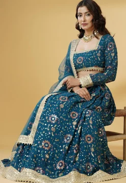 Embroidered Georgette Lehenga in Dusty Blue