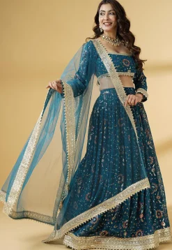 Embroidered Georgette Lehenga in Dusty Blue