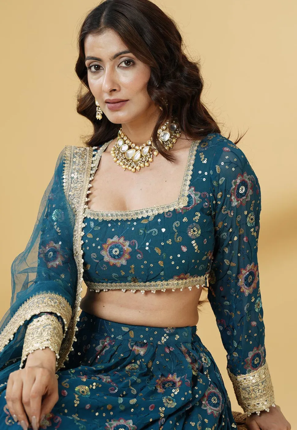 Embroidered Georgette Lehenga in Dusty Blue