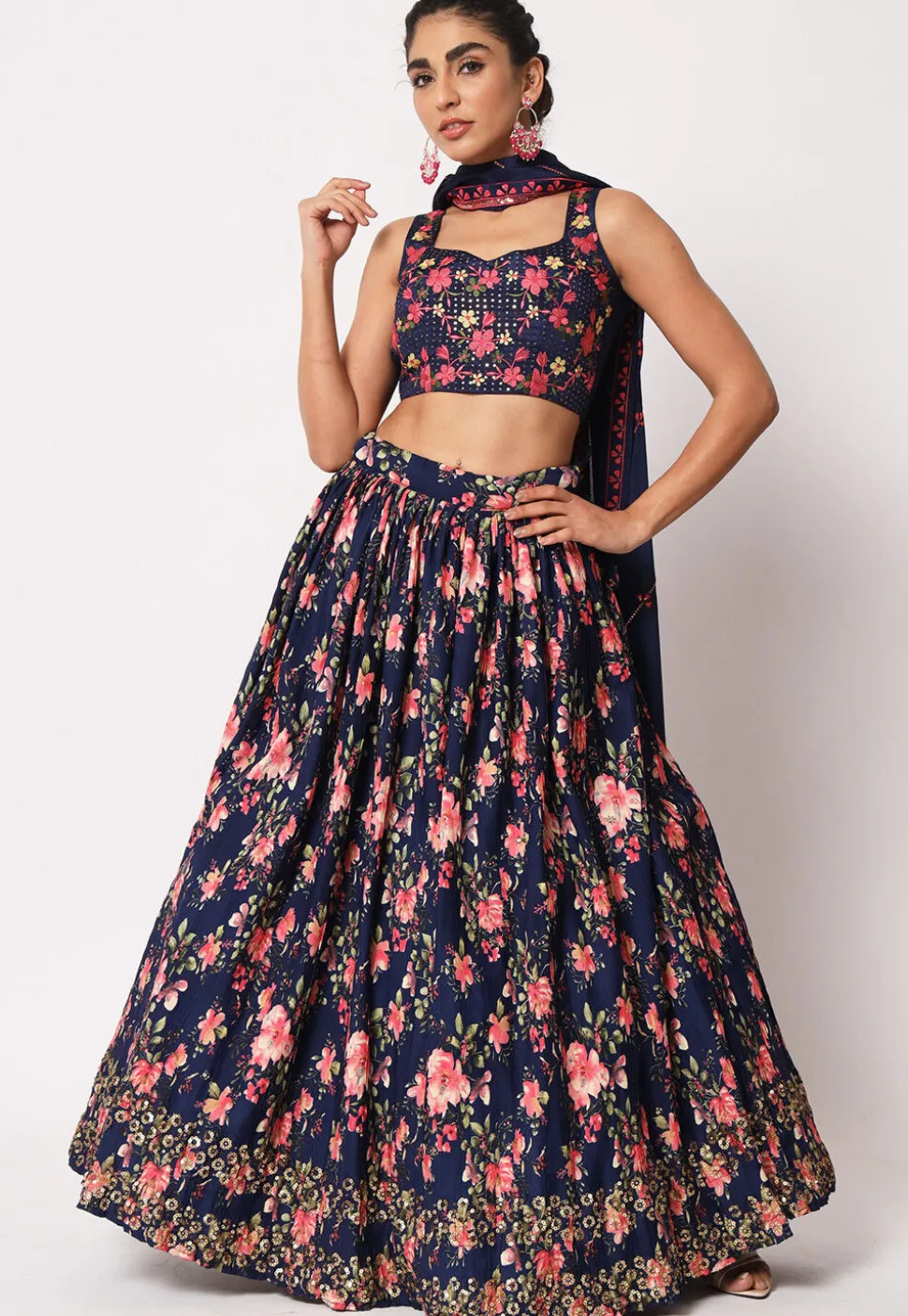 Embroidered Georgette Lehenga in Navy Blue