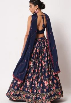 Embroidered Georgette Lehenga in Navy Blue