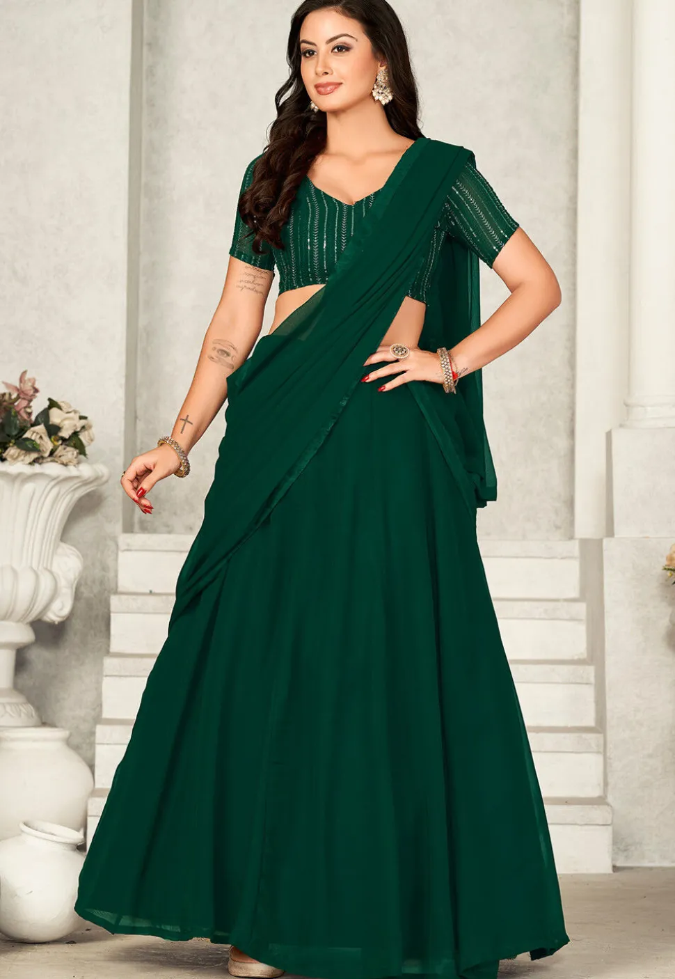 Embroidered Georgette Lehenga in Dark Green