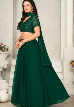 Embroidered Georgette Lehenga in Dark Green