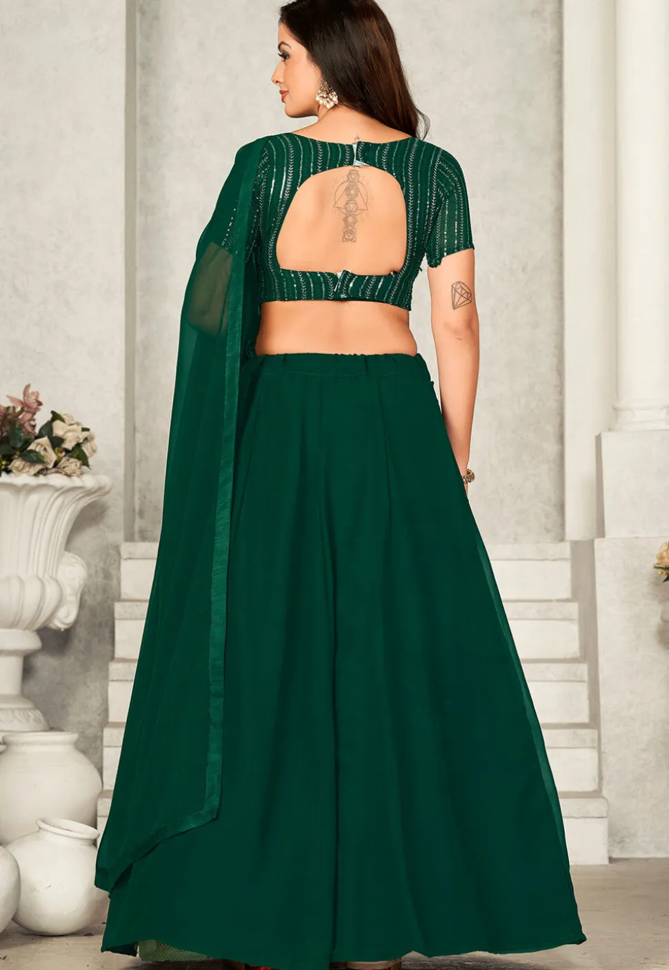 Embroidered Georgette Lehenga in Dark Green