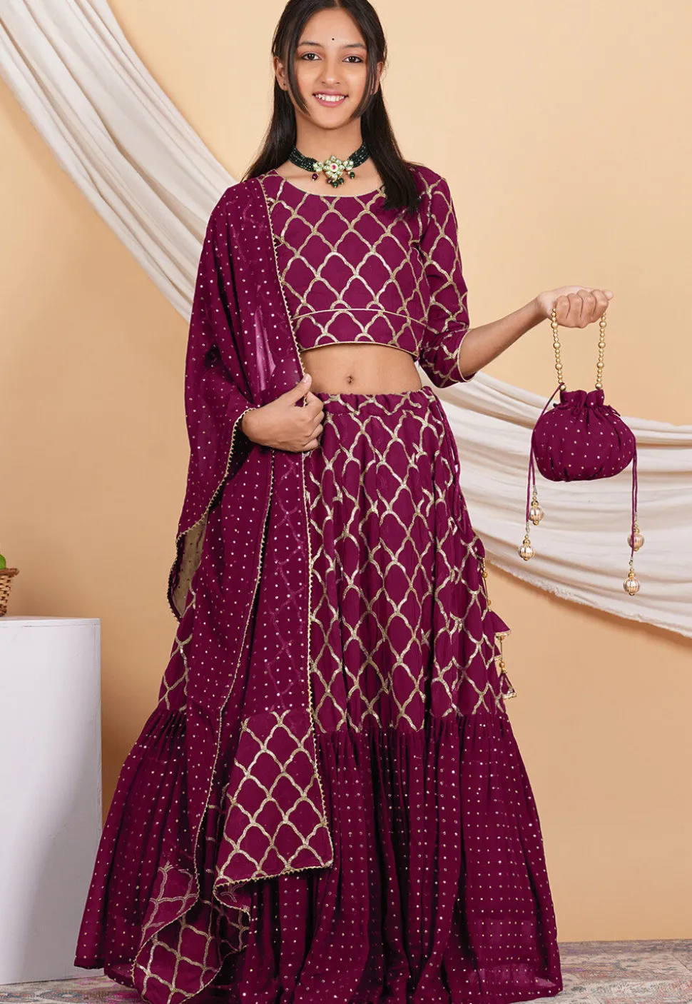 Embroidered Georgette Lehenga in Magenta