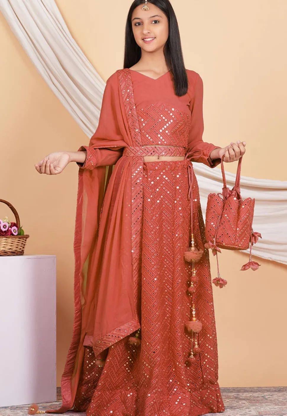 Embroidered Georgette Lehenga in Dark Peach