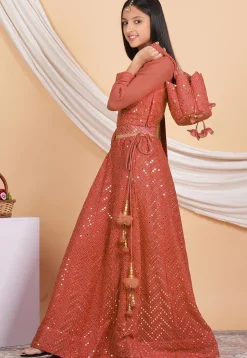 Embroidered Georgette Lehenga in Dark Peach