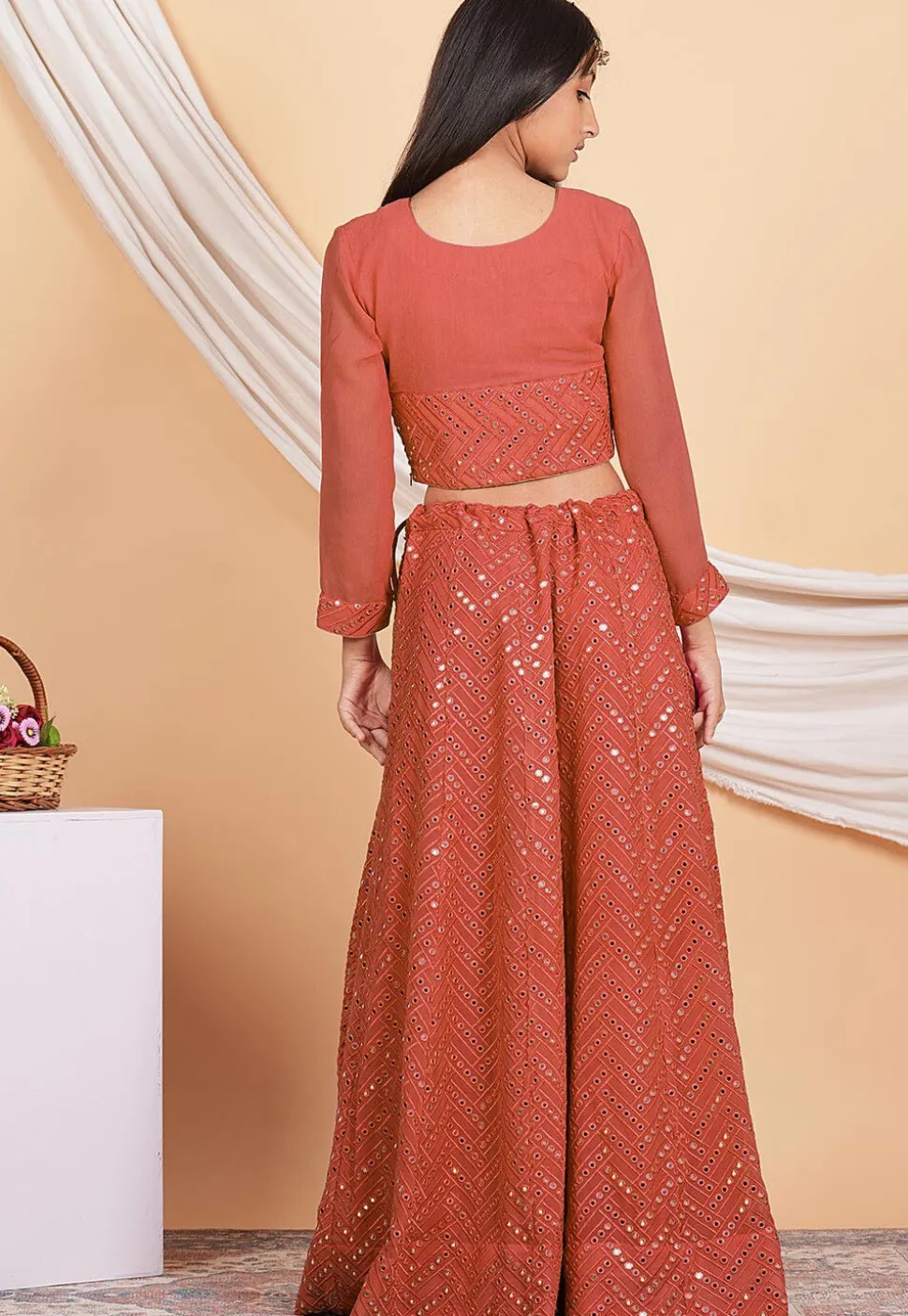 Embroidered Georgette Lehenga in Dark Peach