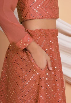 Embroidered Georgette Lehenga in Dark Peach