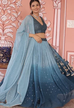 Embroidered Georgette Lehenga in Shaded Blue