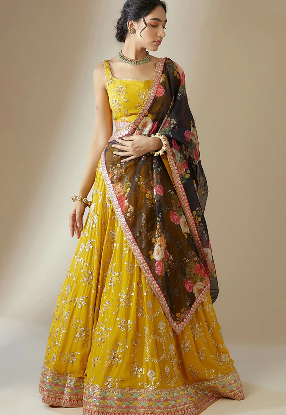 Embroidered Georgette Lehenga in Yellow