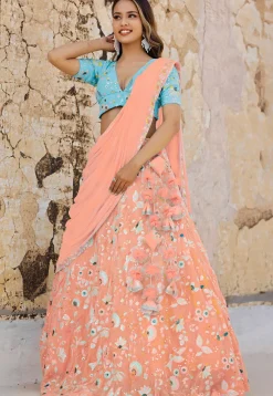 Embroidered Georgette Lehenga in Peach