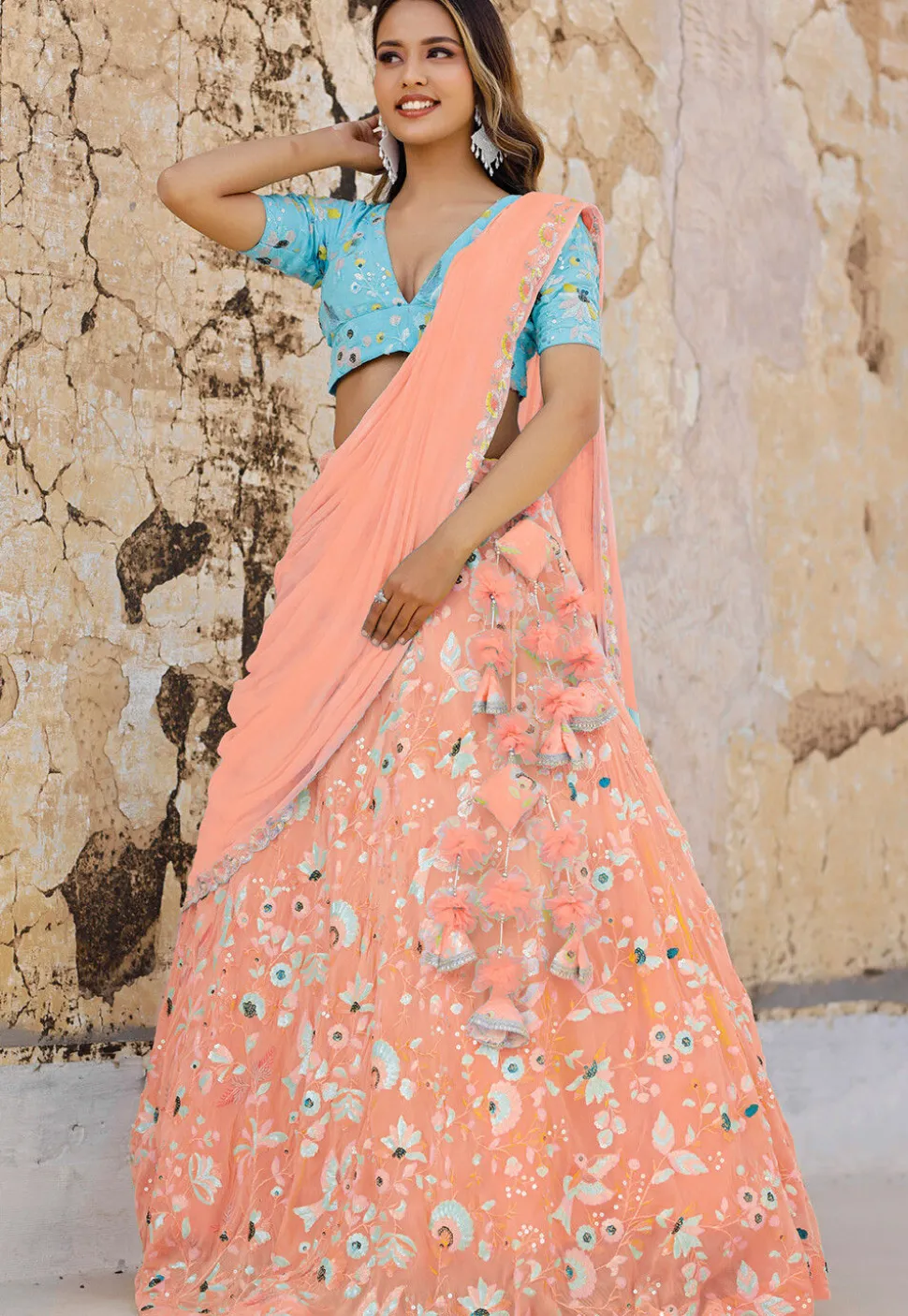 Embroidered Georgette Lehenga in Peach