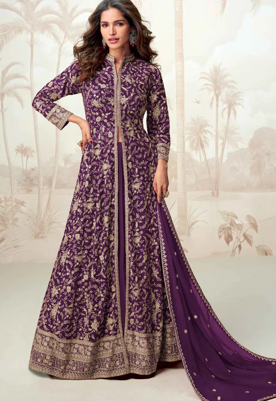 Embroidered Georgette Lehenga in Purple