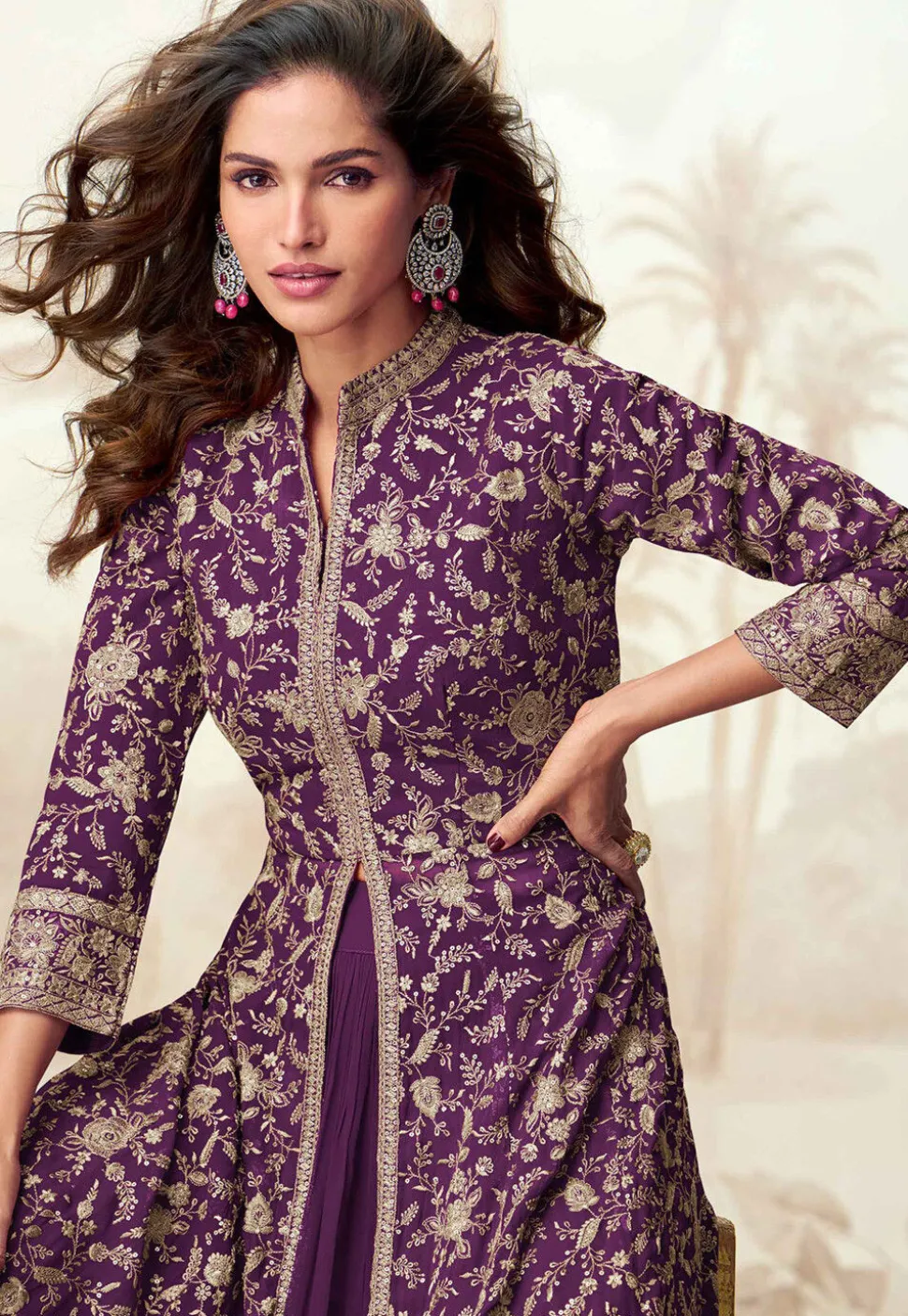 Embroidered Georgette Lehenga in Purple