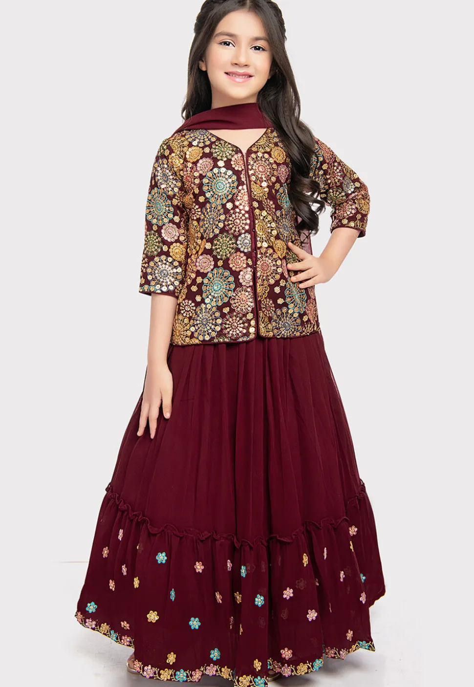 Embroidered Georgette Lehenga in Maroon