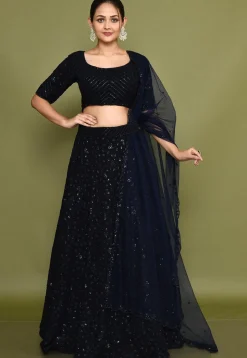 Embroidered Georgette Lehenga in Navy Blue
