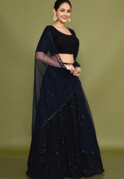 Embroidered Georgette Lehenga in Navy Blue