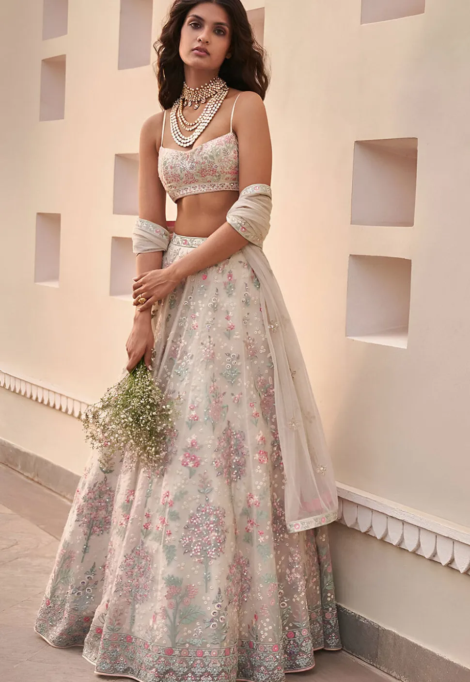 Embroidered Georgette Lehenga in Off White