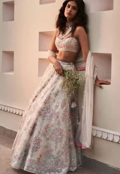 Embroidered Georgette Lehenga in Off White