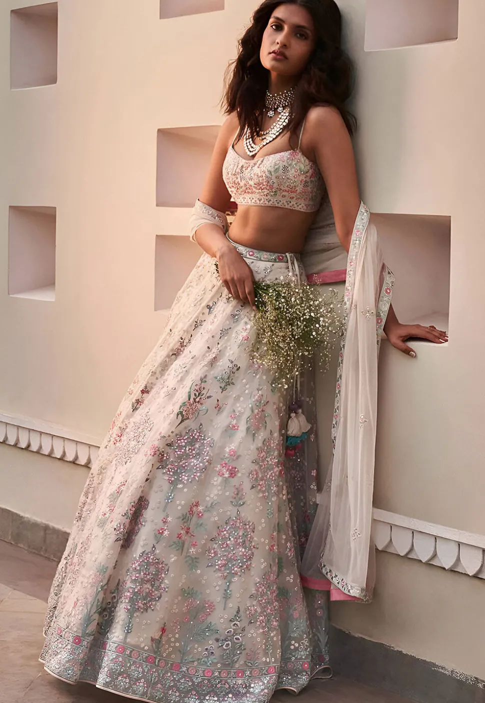 Embroidered Georgette Lehenga in Off White