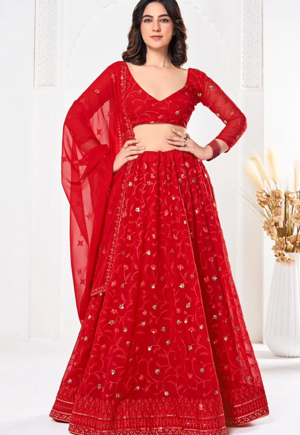 Embroidered Georgette Lehenga in Red