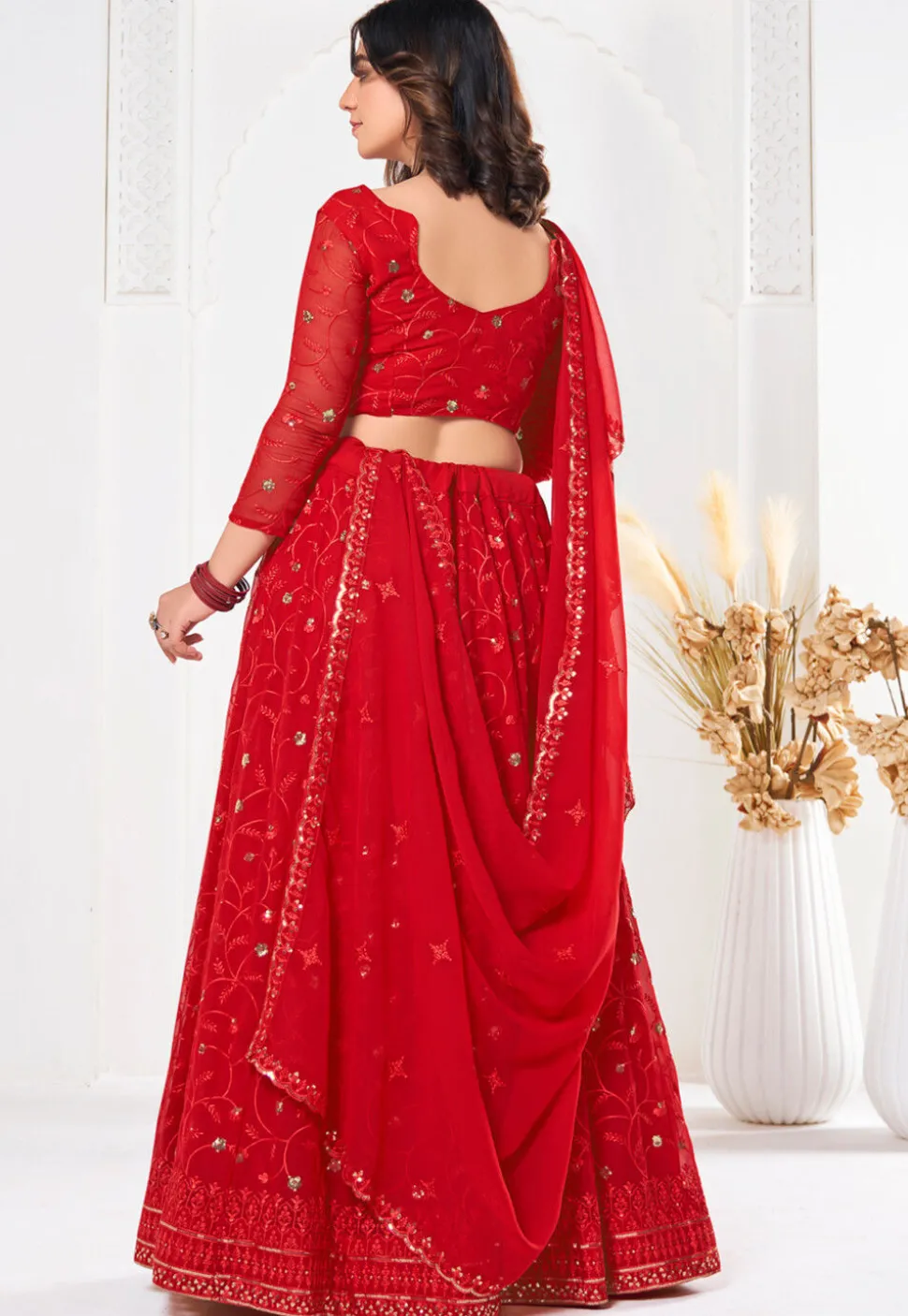 Embroidered Georgette Lehenga in Red