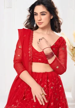 Embroidered Georgette Lehenga in Red