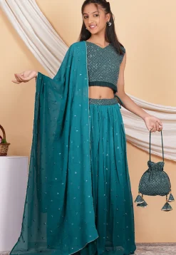 Embroidered Georgette Lehenga in Shaded Teal Blue