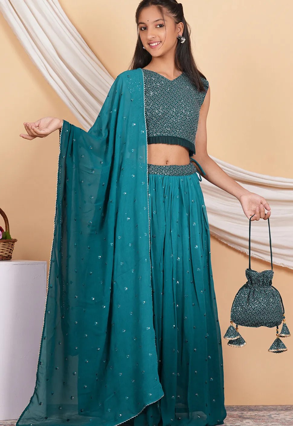 Embroidered Georgette Lehenga in Shaded Teal Blue