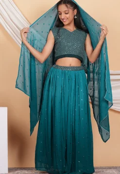 Embroidered Georgette Lehenga in Shaded Teal Blue