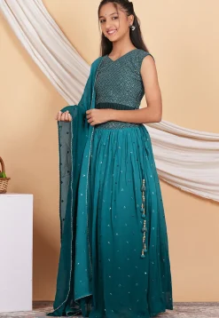 Embroidered Georgette Lehenga in Shaded Teal Blue