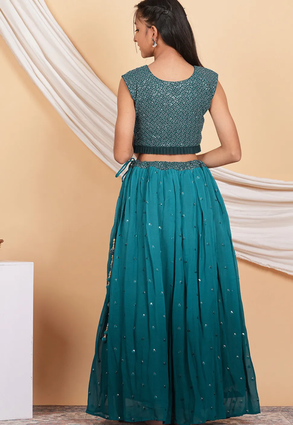 Embroidered Georgette Lehenga in Shaded Teal Blue