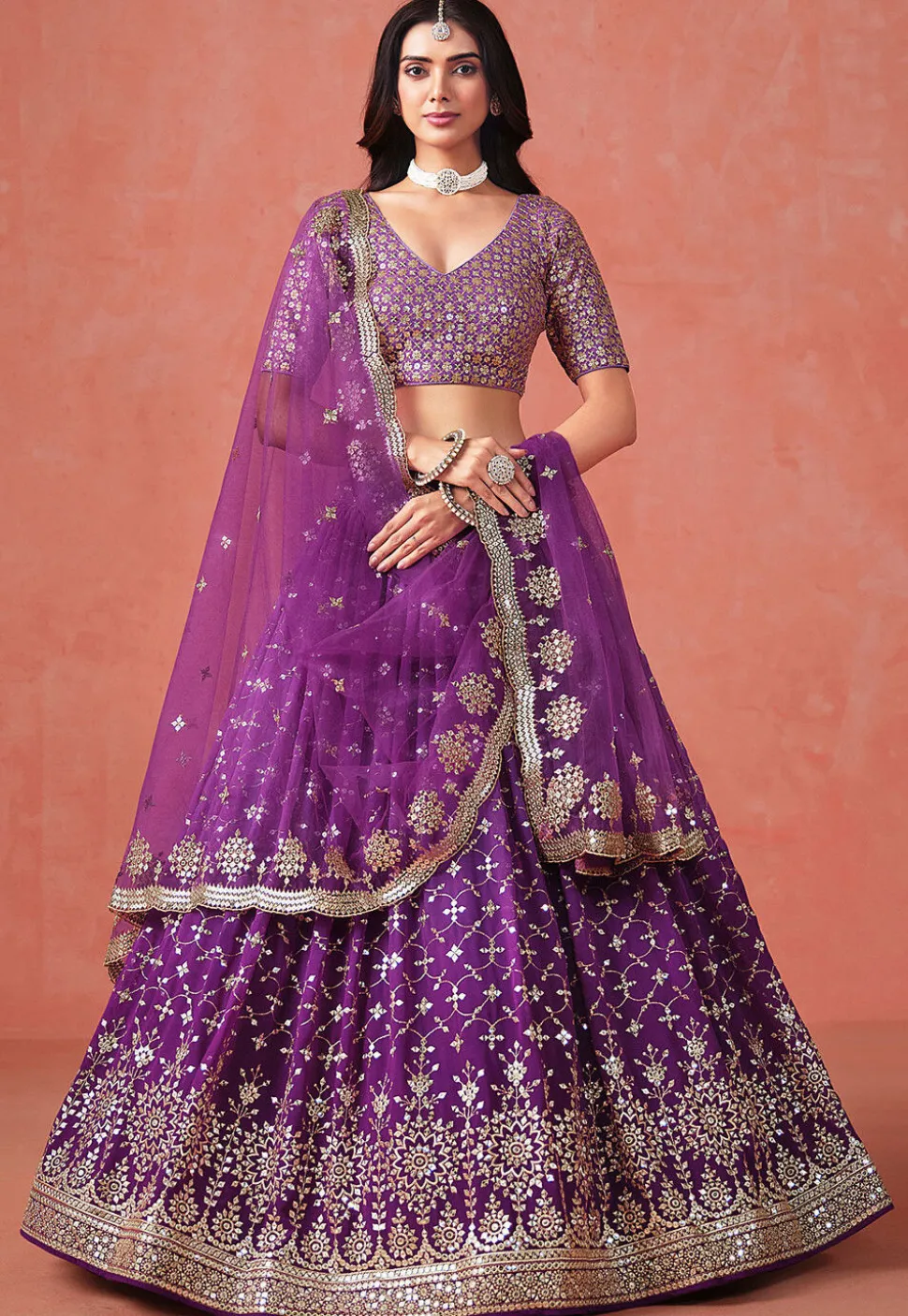 Embroidered Georgette Lehenga in Purple