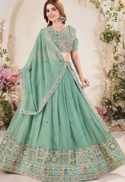 Embroidered Georgette Lehenga in Sea Green