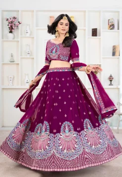 Embroidered Georgette Lehenga in Purple