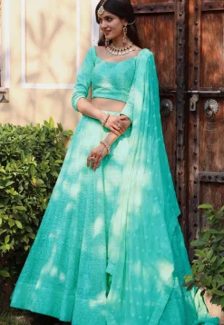 Embroidered Georgette Lehenga in Sea Green