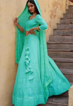 Embroidered Georgette Lehenga in Sea Green