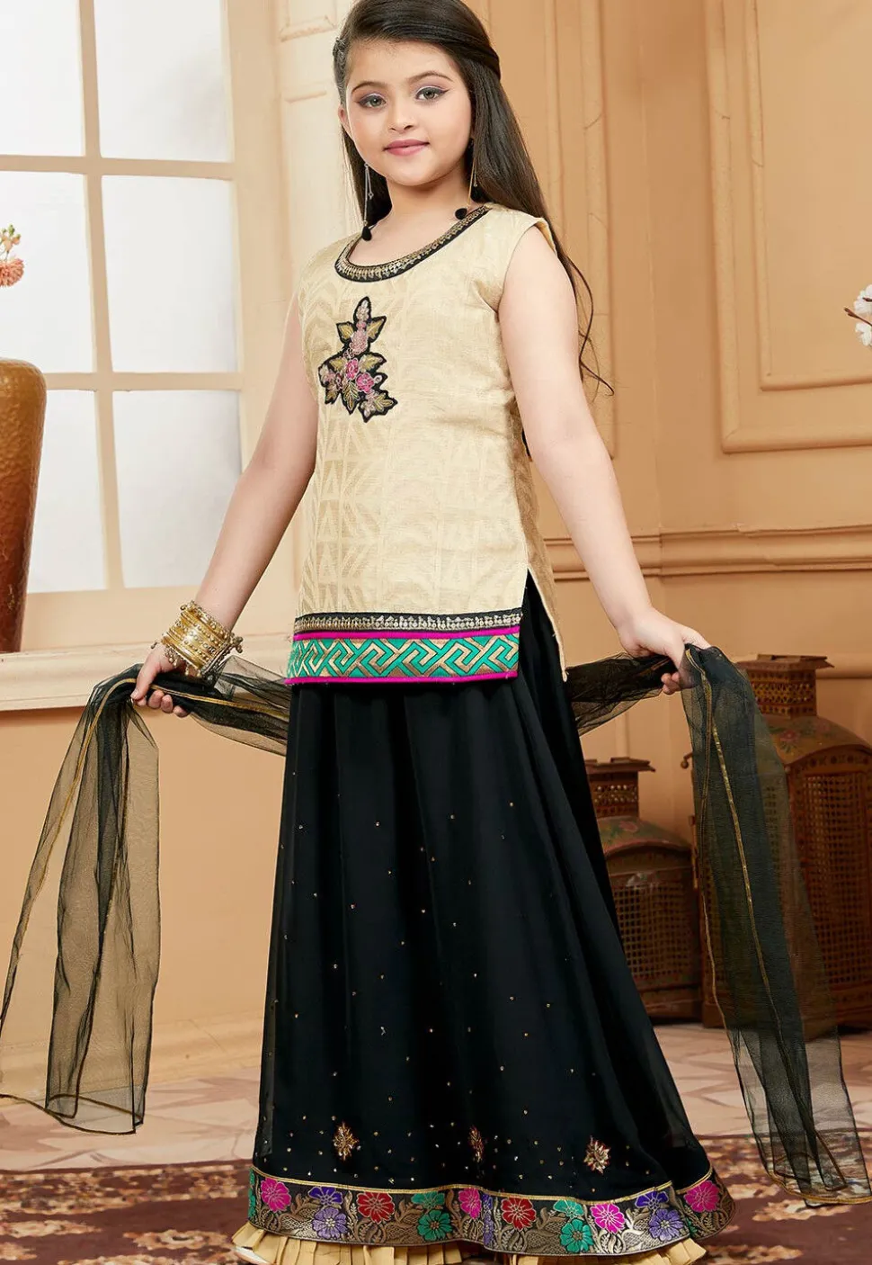 Embroidered Georgette Lehenga in Black