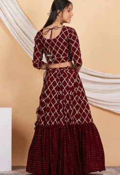 Embroidered Georgette Lehenga in Maroon