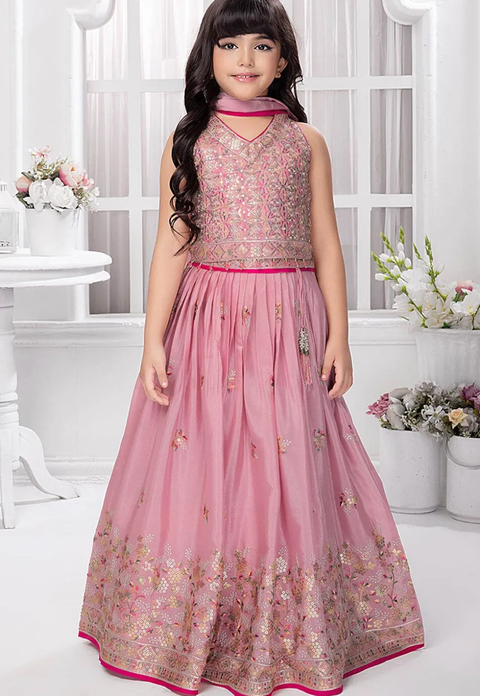 Embroidered Georgette Lehenga in Pink