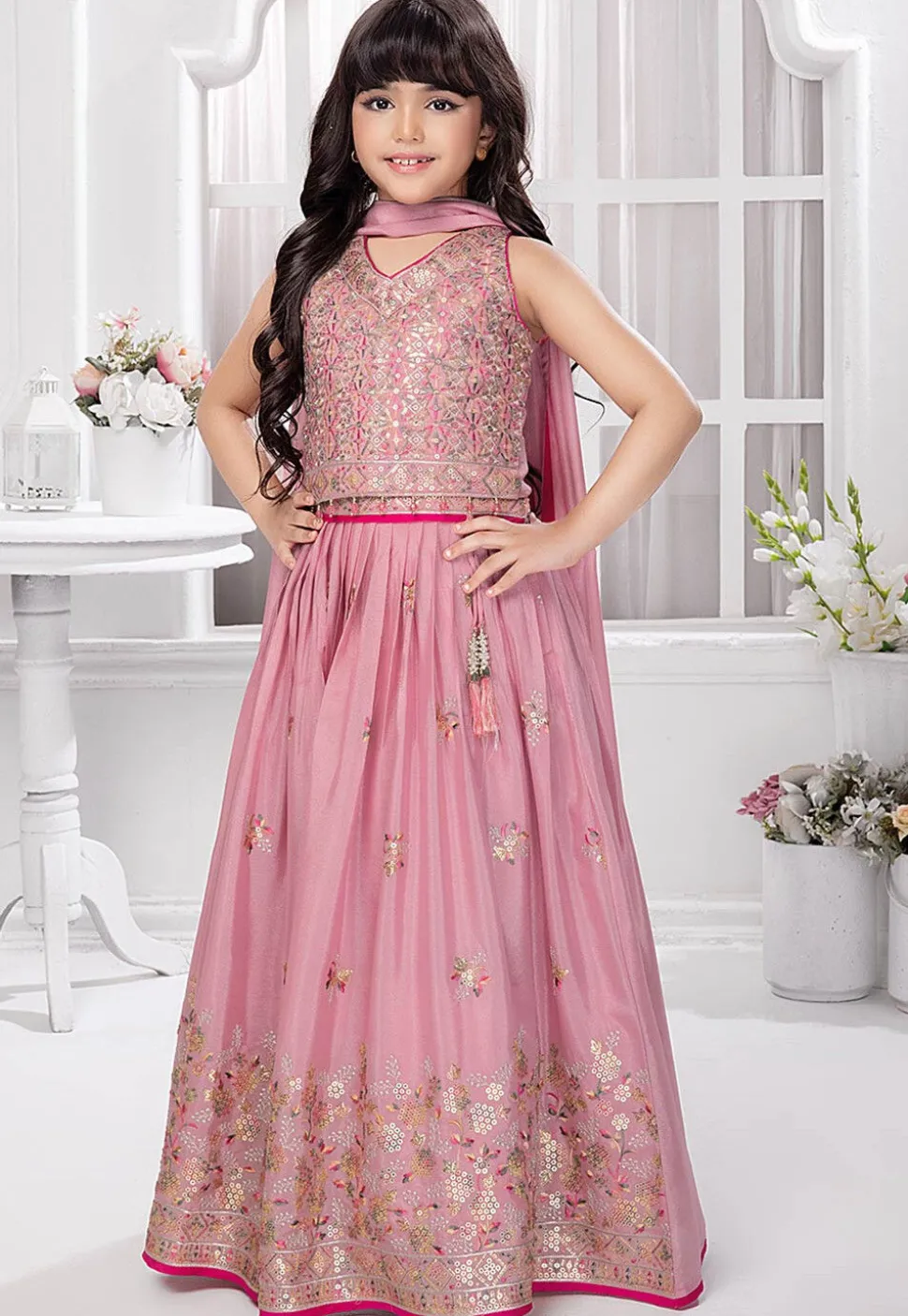Embroidered Georgette Lehenga in Pink
